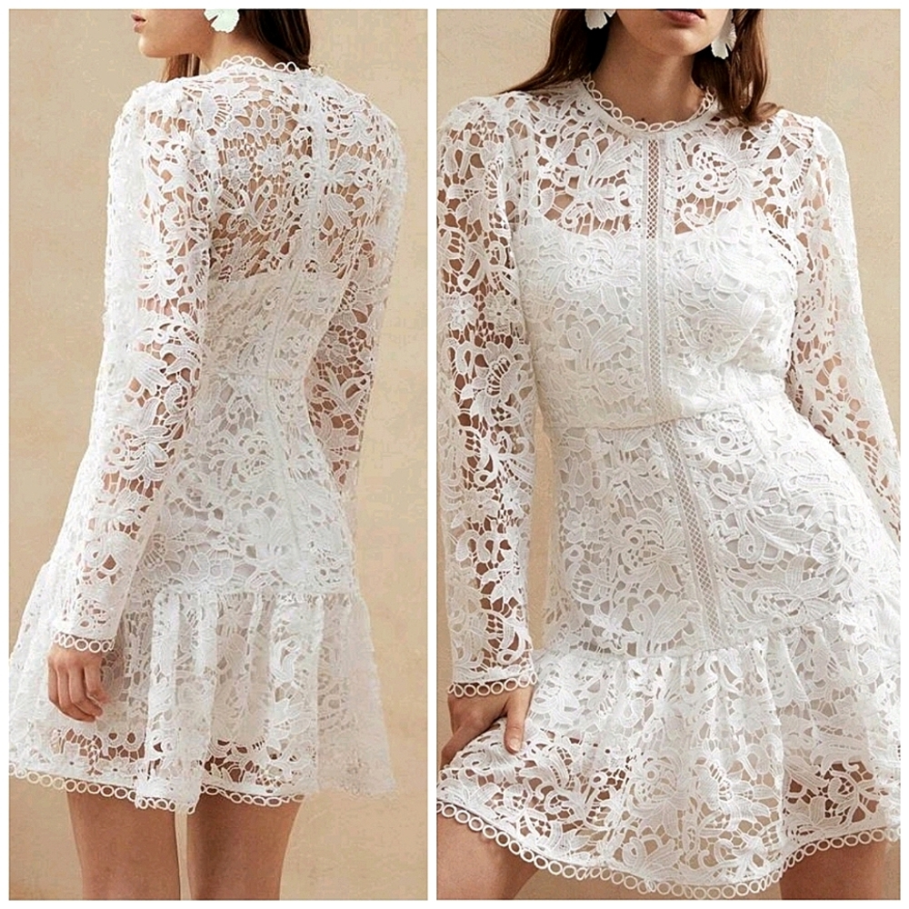 New Sheer Embroidered Lace Overlay Short Dress Long Sleeve Ruffle Hem White